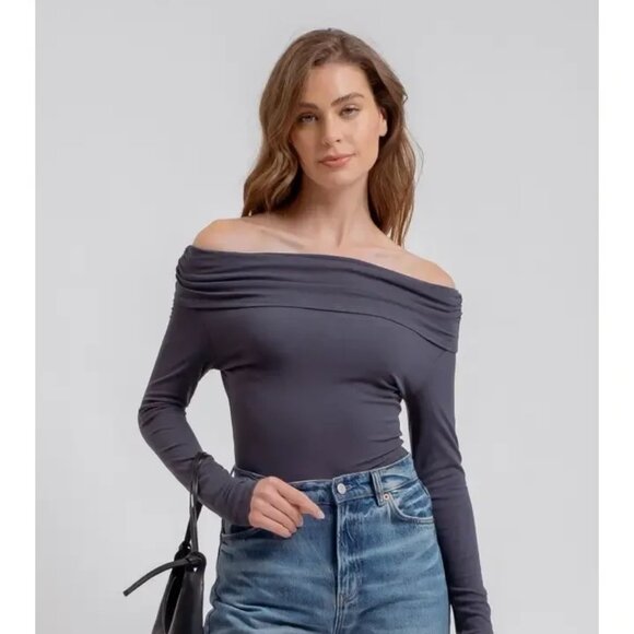 ($9) Off the Shoulder Foldover Long Sleeve Knit Top - Picture 1 of 4